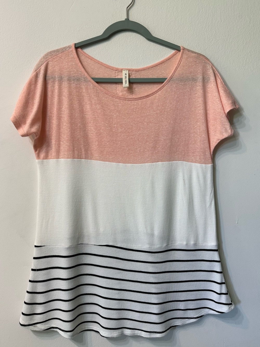 MY BELOVED Pink White Black Striped Lace Accent Short Sleeve T-Shirt Women's M
